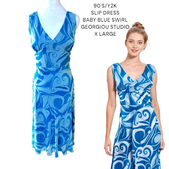 90'S/Y2K BABY BLUE SWIRL GRAPHIC SLIP MIDI DRESS X LARGE EUC - Picture 1 of 4